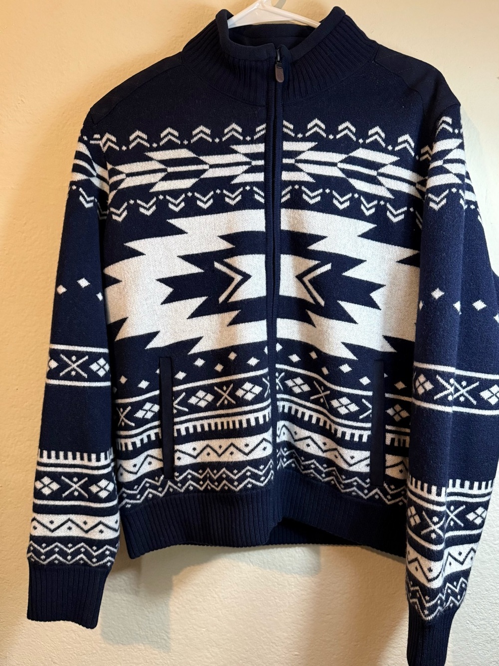 Orvis Navy and White Zip-Up Nordic Pattern Sweater